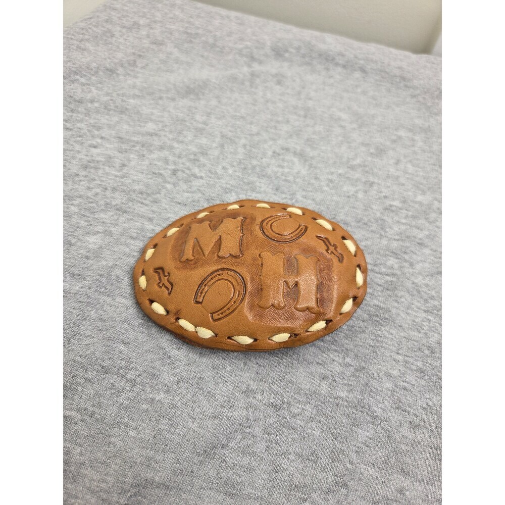 Handmade Tooled Brown Leather Horseshoe Initials MH Belt Buckle